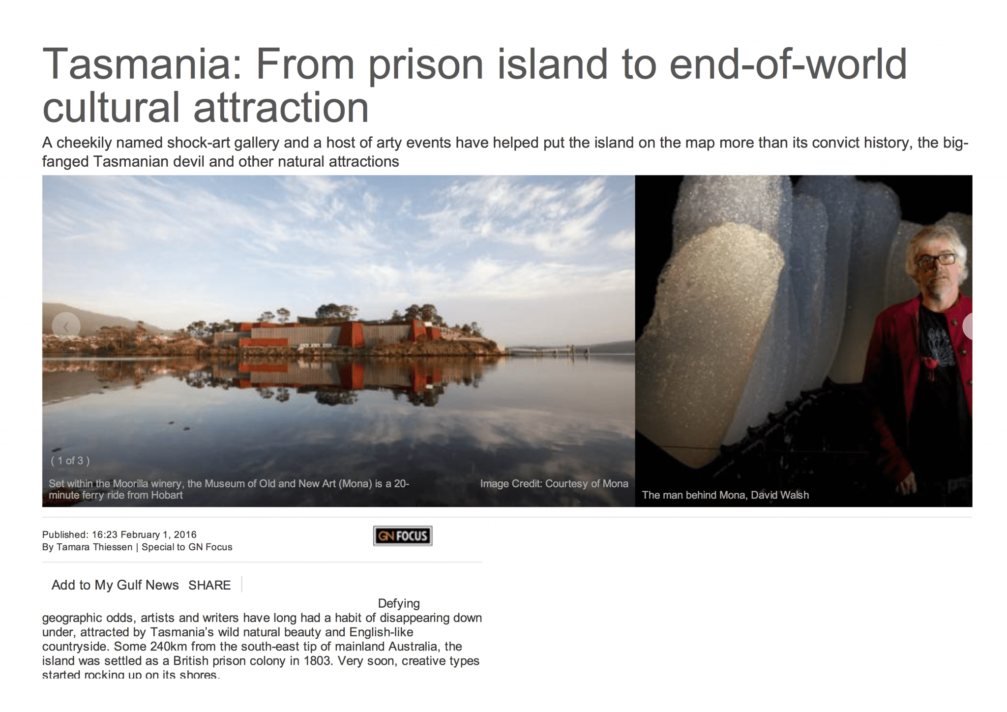 Story on Tasmanian from prison island to end-of-the-world cultural attraction in Gulf News