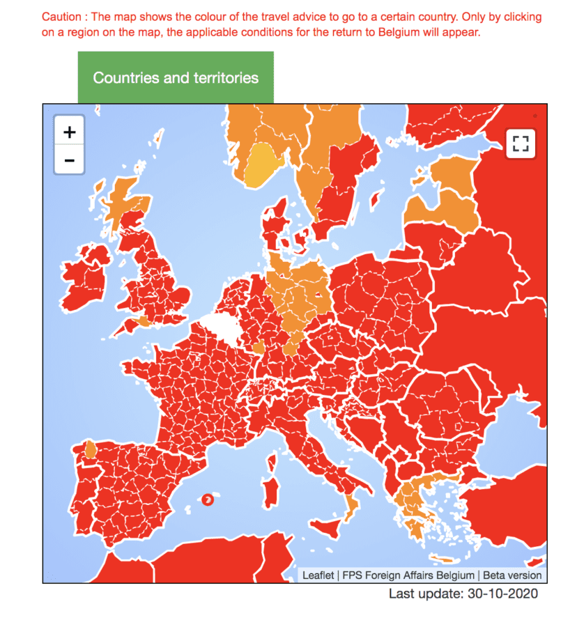 Belgium map of Covid travel alerts shows Europe and world as red zones