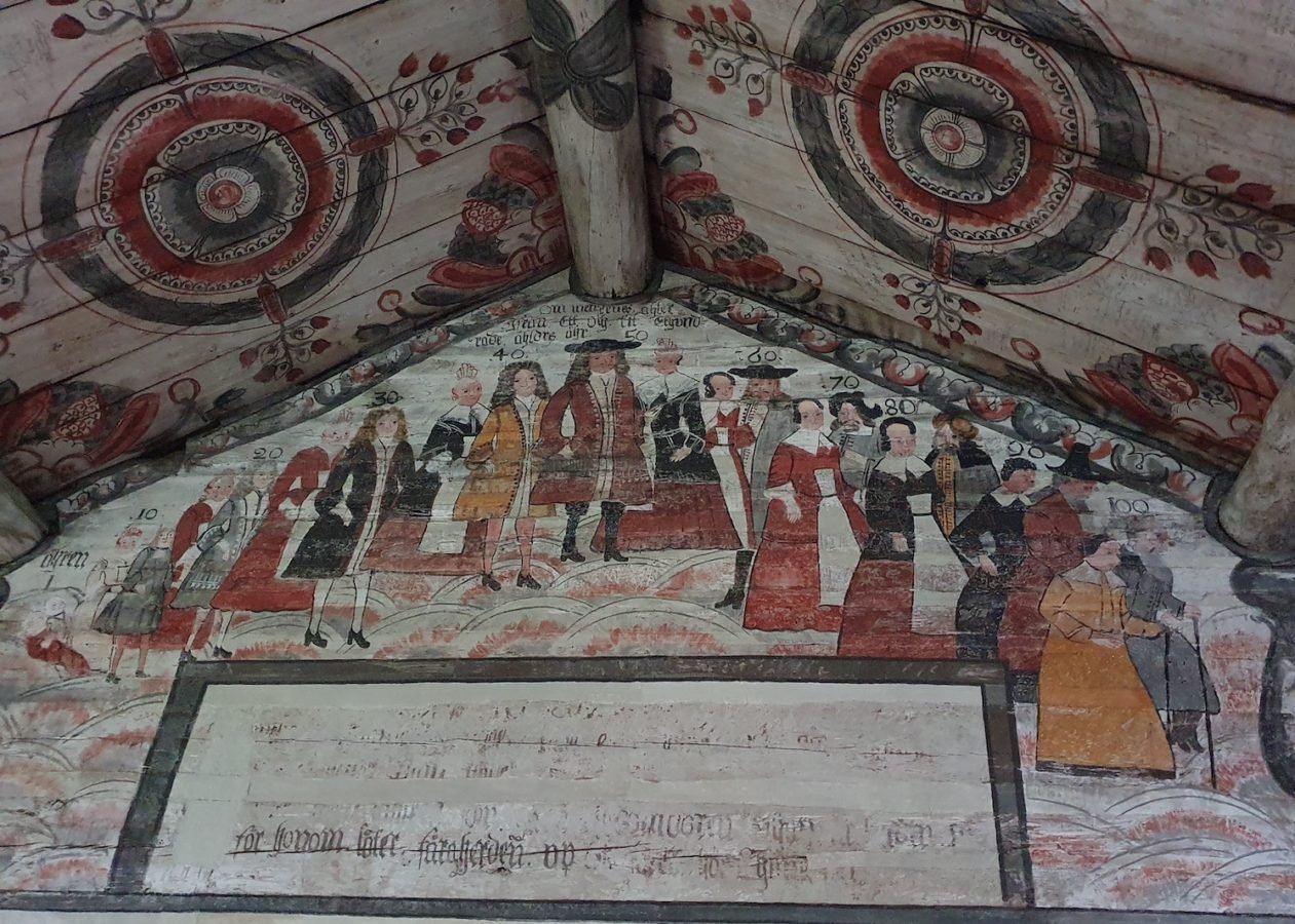 frescos on ceiling of 1662 Ulvön chapel Sweden