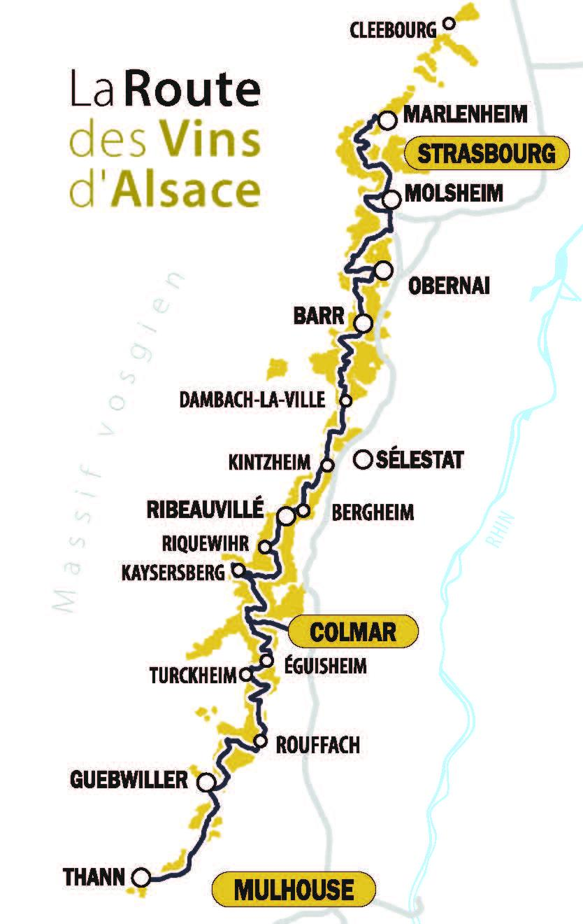 Alsace Wine Route France map titled La Route des Vins d'Alsace
