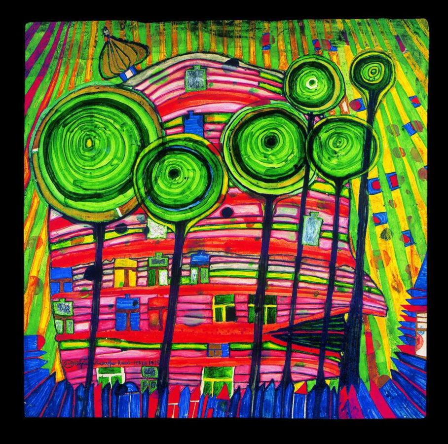 Blobs Grow in Beloved Gardens an artwork by Hundertwasser with his iconic lollipop forms and social housing curves, nature and community in harmony greens red and bright colours