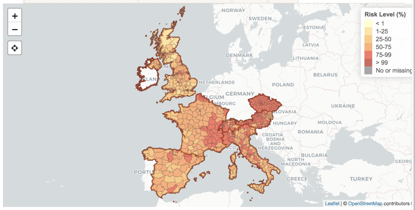 Eurpe map showing real time covid risk assessment tool