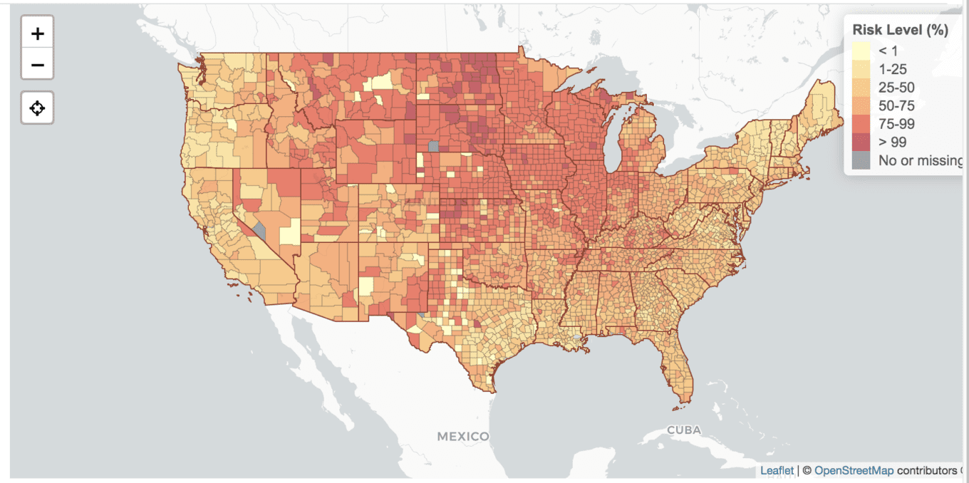 US map showing real time covid risk assessment tool