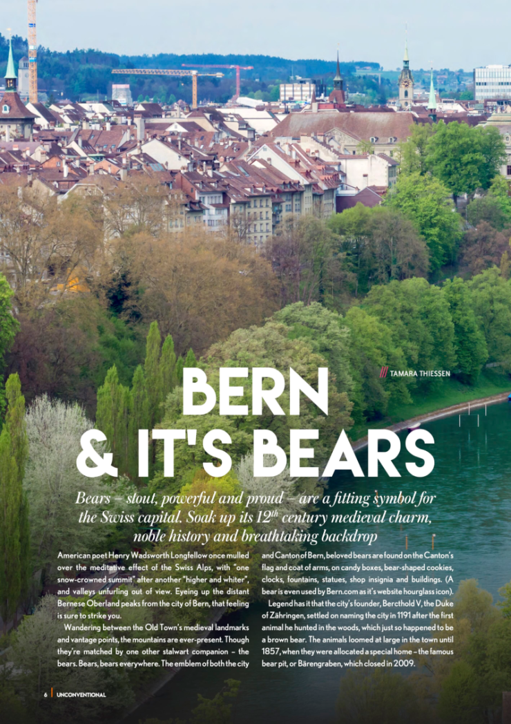 Story on Bern and its Bears in Uncoventional Magazine by Tamara Thiessen in her story portfolio shows the city, river and mountains