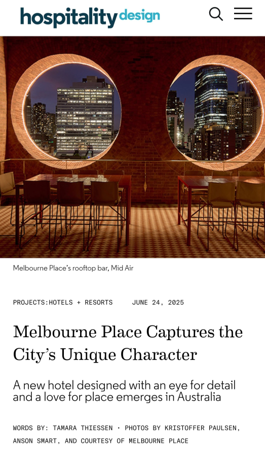 Melbourne Place hotel story in Hospitality Design magazine by Tamara Thiessen