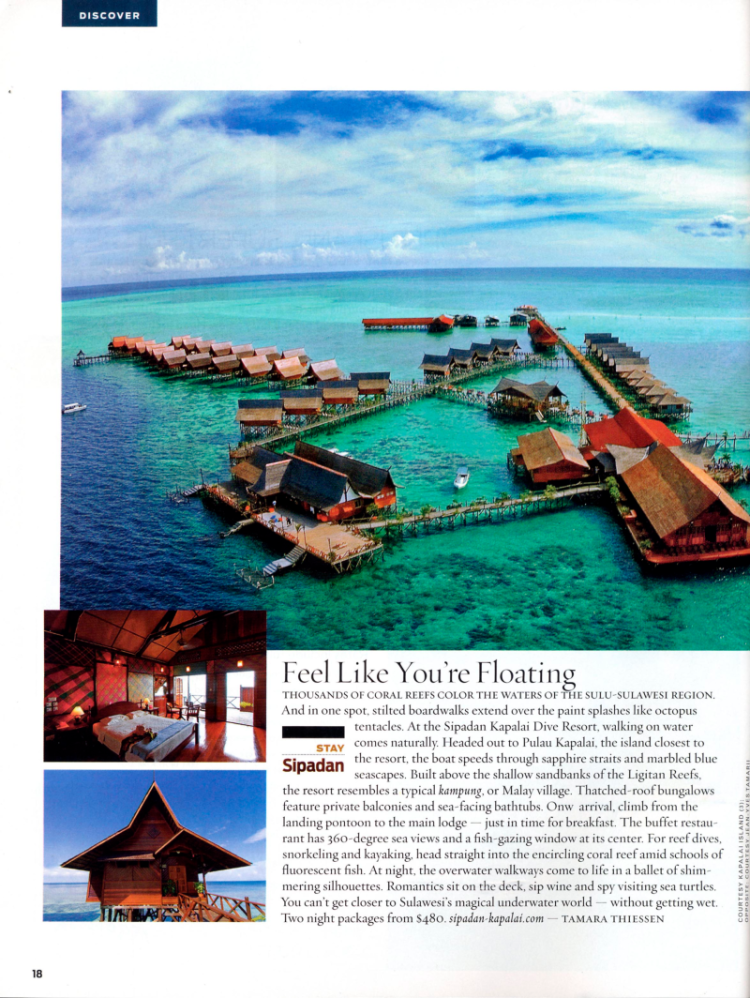 Story on Kapalai Island Borneo by Tamara Thiessen shows the island bungalows in turquoise waters