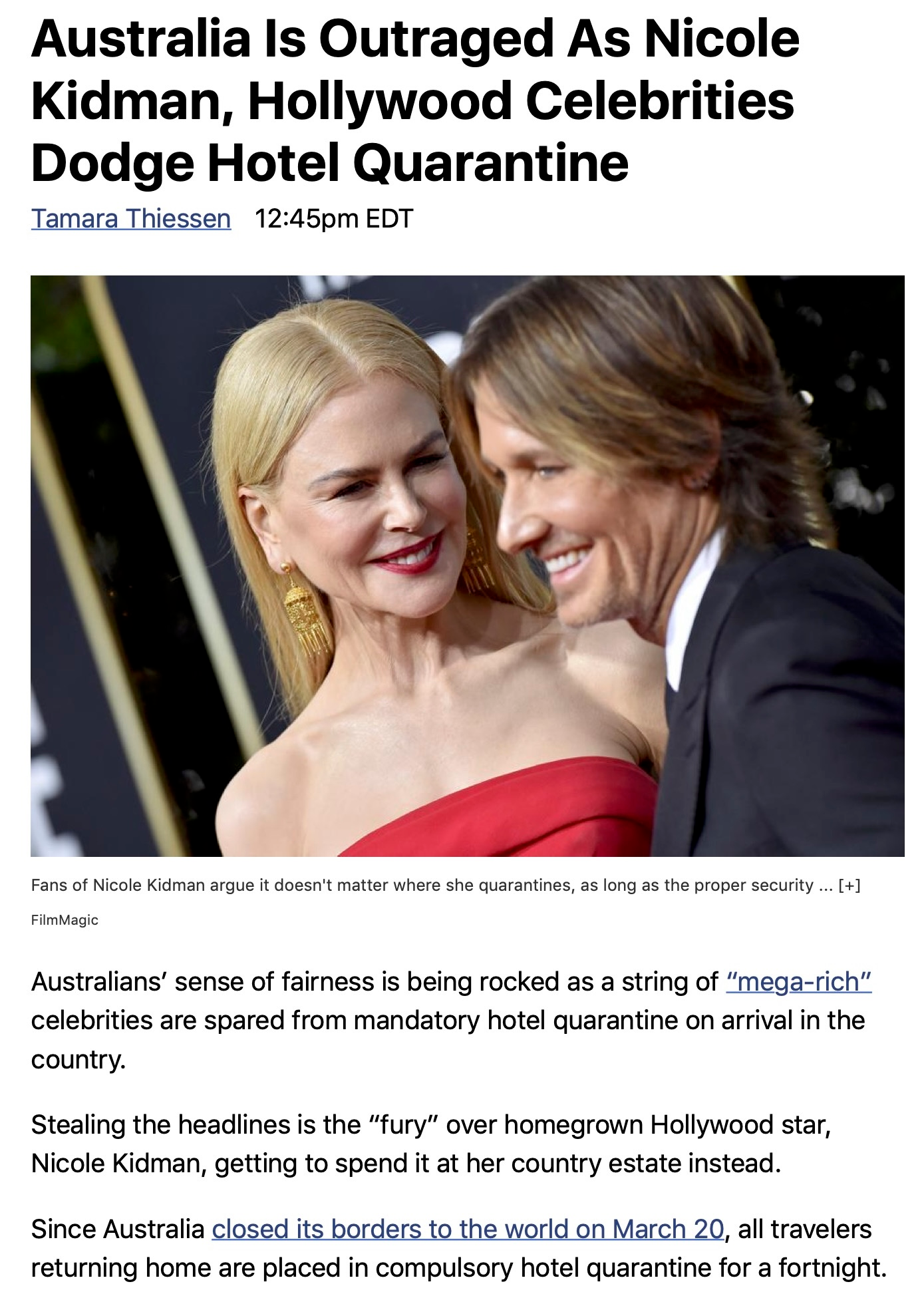 Nicole Kidman and her husband Keith Urban in a story about Covid travel bans and quarantine in Australia by Tamara Thiessen for Forbes