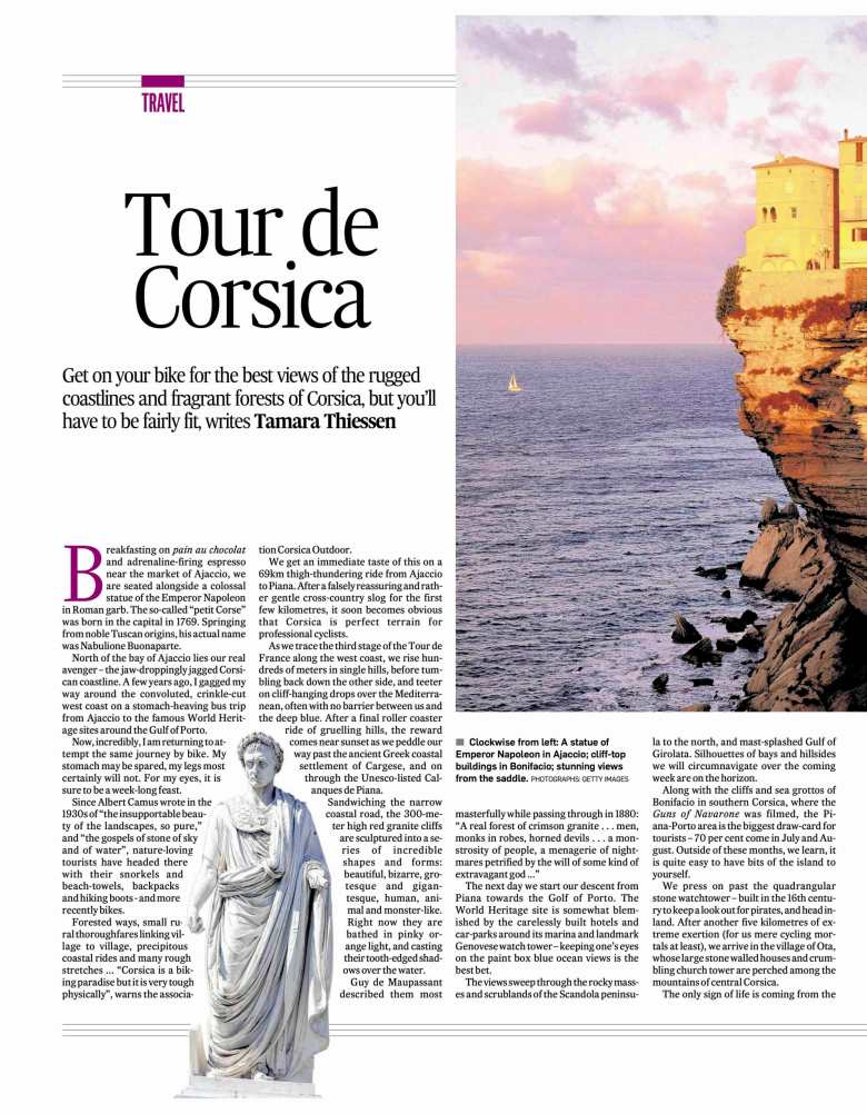 A story on Corsica for the Irish Times by Tamara Thiessen shows a statue or Napoleon and the cliffs on the co