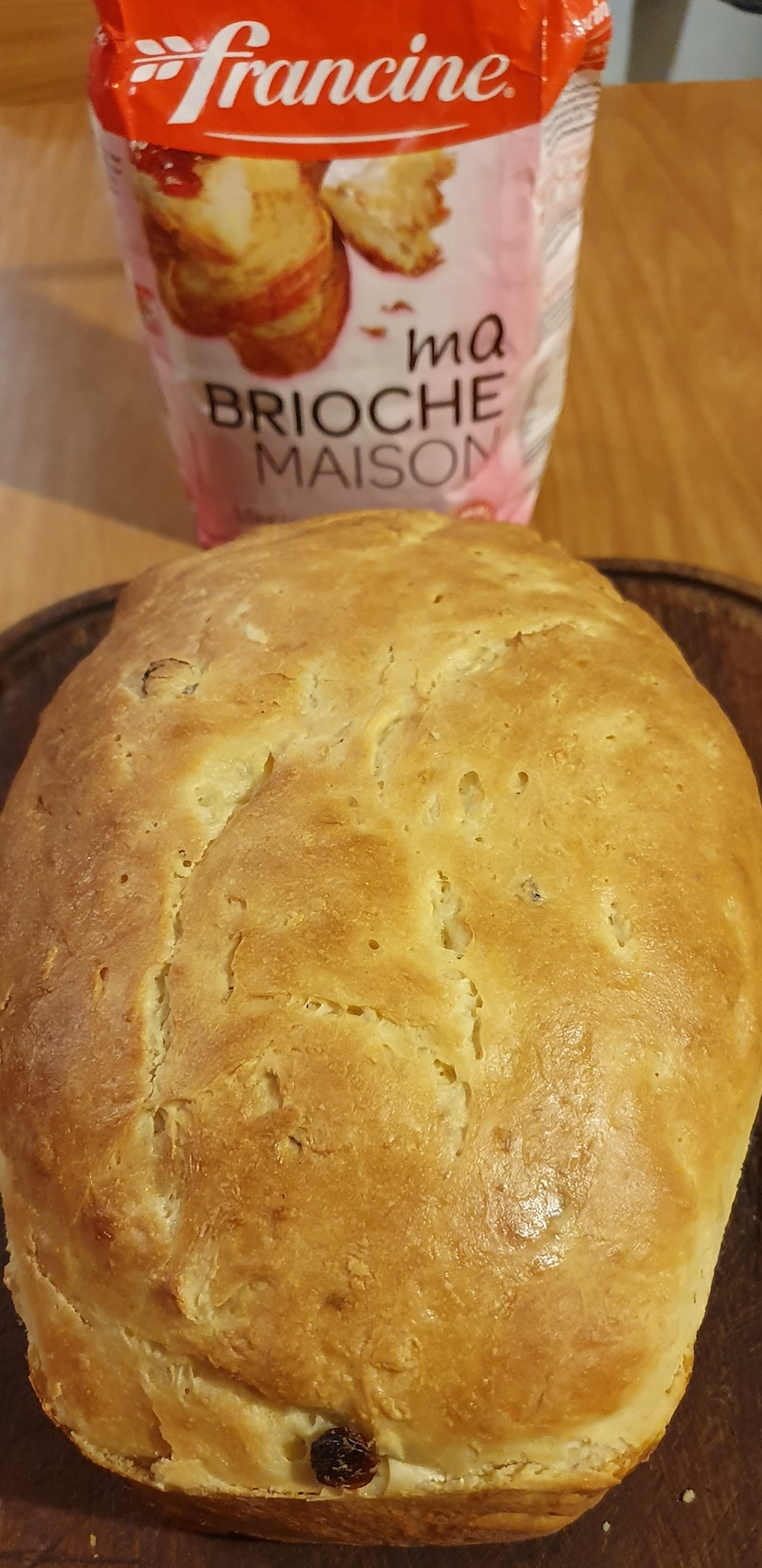 A freshly-made Brioche maison with a packet of Francine brioche mix and an easy French brioche recipe