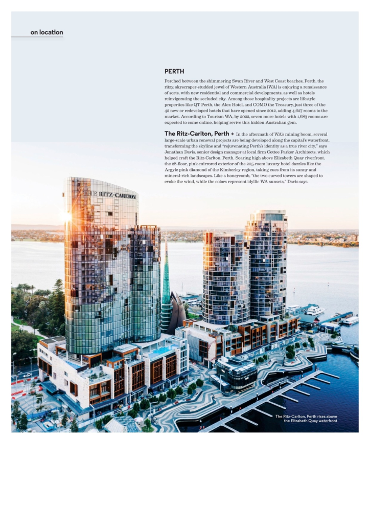 Story on Perth hotels by Tamara Thiessen in Hospitality Design magazine with skyscraper hotels by the bay