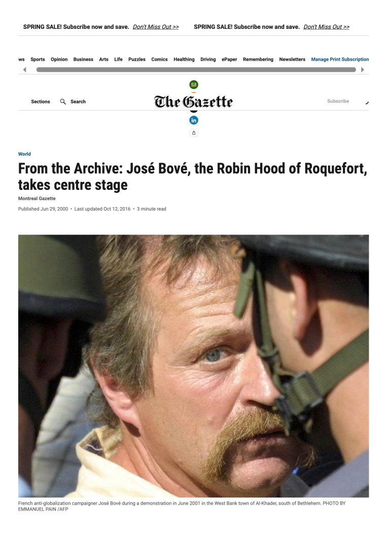 A photo of French farmer Jose Bove in a story in the Montreal Gazette by journalist foreign correspondent Tamara Thiessen