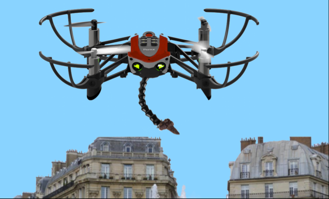 A drone operated poop-buster flys over Paris buildings